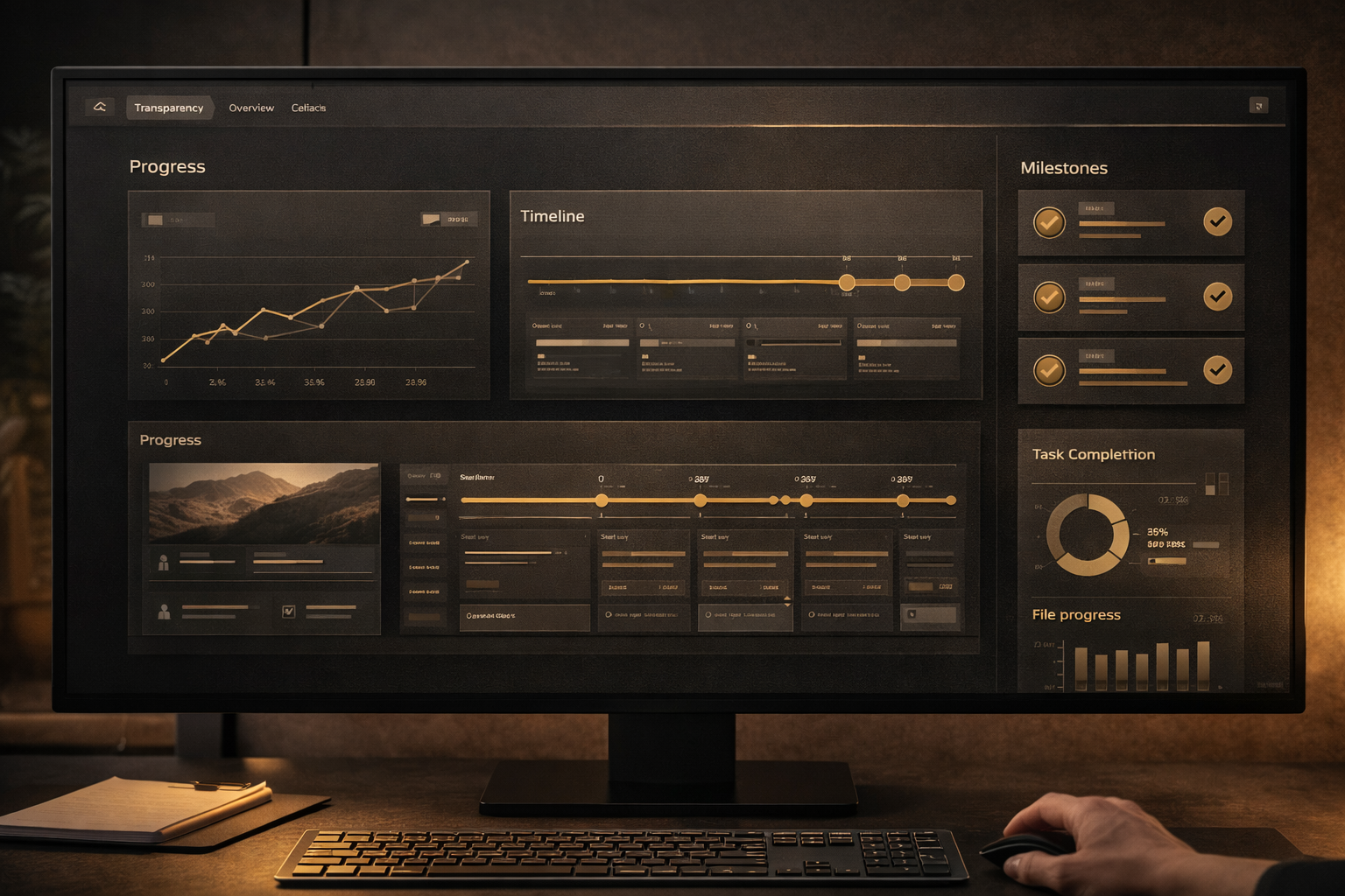 Tableau de bord de suivi clair et premium illustrant une transparence totale