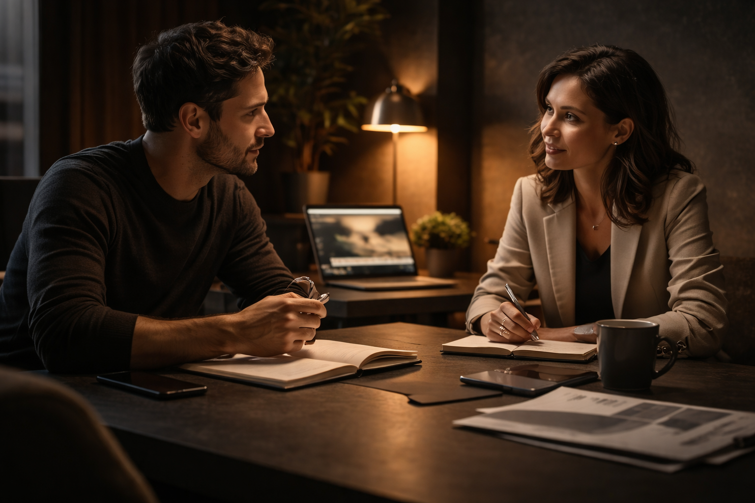 Scène élégante d'échange initial pour cadrer un projet digital